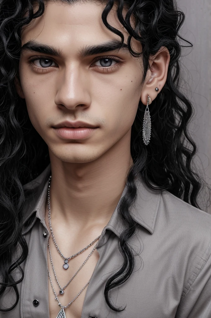 Height of 1,75, somewhat long and wavy black hair, gray like eyes, Pale skin, long curly eyelashes, mole under his right eye, mole on the left side of your left eye, wears lower lip piercings, He has piercings in his ears, wear a necklace with a quartz, wear bracelets and rings