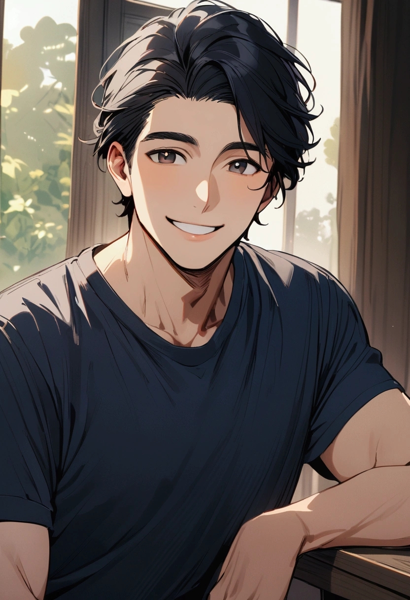 Man with short black hair, smile, 30 years old, company, Navy blue T-shirt, Wavy