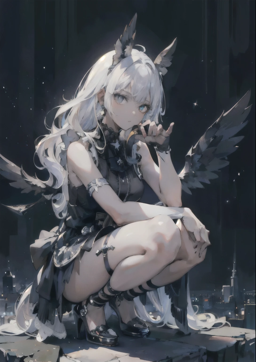 ((Highest quality)), ((masterpiece)), (detailed), One girl,Silver Hair,Long Hair,Dark Skin,Wearing a black sleeveless dress,Wear black high heels,Squatting pose on top of the tower,Starry Sky,cloud,Girl with wings,Look away,Full moon night