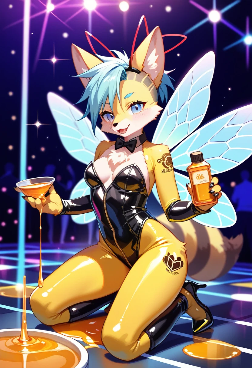 Highest quality, Highest quality, High quality illustrations, masterpiece, Ultra-high resolution, Detailed Background, club, Disco, Absurd, Perfect Anatomy, performance, Good lighting, Shadows in the movies(kemono, Furry Personifi猫ion), fox, Rubber Suit, Honey Latex, Honey lotion, neon, neonカラー, cyber punk, Bee costume, Bee Cosplay, Rubber bee tail, Bee Wings, enamel, Honey Pool, Honey lotionを浴びている, Kneeling, Tattoo, High heels, Dynamic Angle