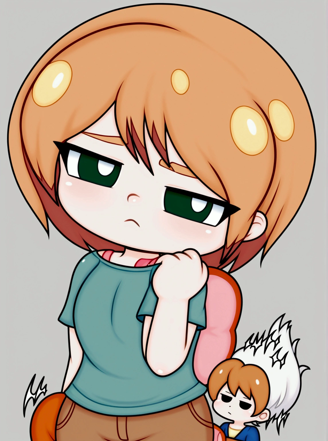 a cute cartoon girl, white hair, blue eyes, blue shirt, brown pants, serious expression, slightly narrowed eyes, neutral small eyes, soft and polished art style, 1girl, detailed