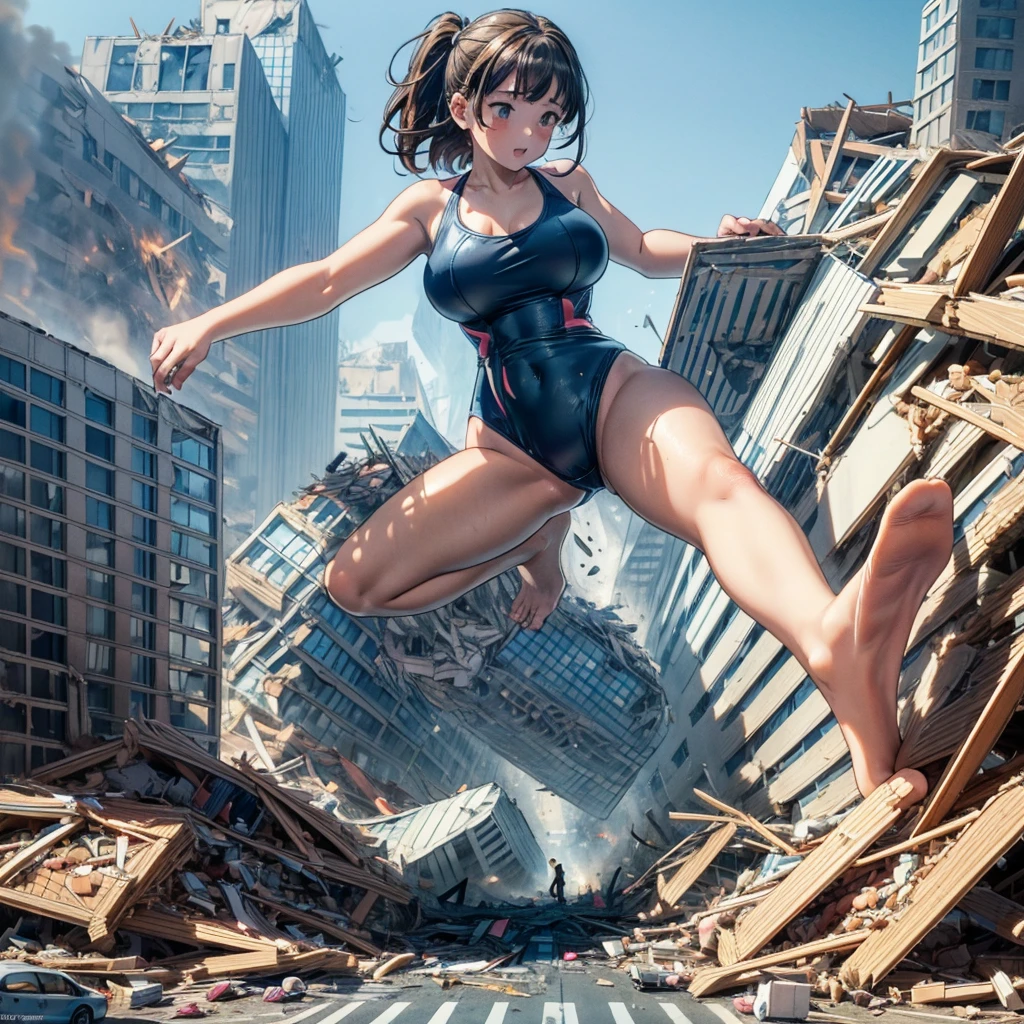 Analog illustration style ((((((A girl in a huge swimsuit is kicking a skyscraper on the street in a city destroyed by an earthquake))))))) ((A destroyed city engulfed in flames) )) ((Fire)) ((Destroyed building)) ((Destroyed car)) ((Pile of rubble)) 90's Giant ((Cloudy sky)) Full body of a huge female girl Destroyed skyscrapers, destroyed cars, crowds Unreal Engine, cleavage, cleavage, earrings, long hair, 1980s (style)