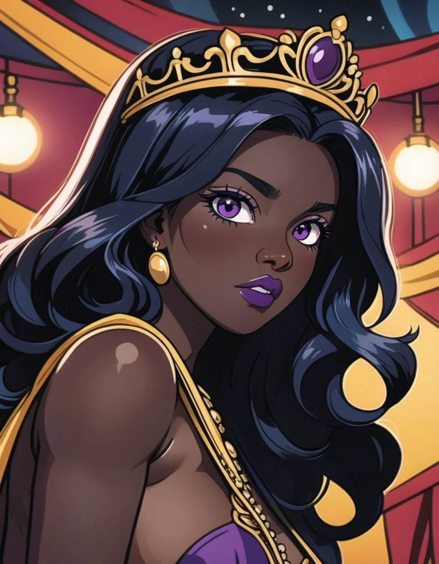 (graphic novel style, dark novel style, comic style, 2d:1.5), (hyperrealism, masterpiece:1.4), (colourful, soft cinematic light:1.1), incredibly lifelike, Extremely high-resolution details, 8k, best quality,extremely detailed, colorful, (open mouth), Low Angle View, circus tent, Gypsy with a glass ball for fortune telling in which spirits are seen sits by the table, black long Waves hair, White Sclera Eye, Fleshy nose, Thin nude Lips, dark makeup,(jewelry), ((tiara)), ((dark violet hood)), wearing intricate violet clothes, shawl, dark skin, mole under eye, gypsy dress, dark atmosphere, deep shadow, shadow, scream, (glass ball), furnishings of a magic tent for fortune telling,