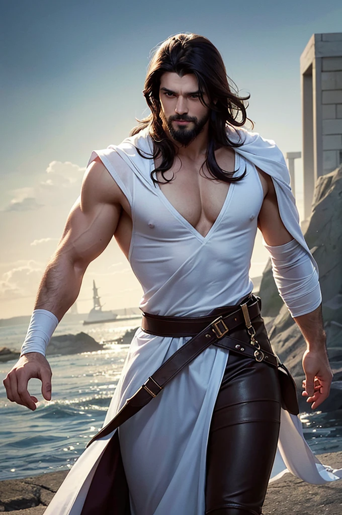 perseus, with an attractive and seductive appearance, He wears a white Greek tunic, that accentuates your defined and athletic muscles. The tunic, adjusted in the right places, reveals part of his sculpted chest and broad shoulders, suggesting both strength and agility. The fabric flows smoothly over your body, revealing strong, shapely legs, that speak of his skill and combative abilities. A dark brown leather belt cinched around his waist further highlights his masculine figure.
Her face is a study in classic beauty with a firm, well-defined jawline., and high cheekbones. his eyes, of a deep blue, they shine with a magnetic intensity, attracting and captivating those who cross his path. He has dark, wavy hair., that falls carelessly around his face, adding an air of mystery and charm. A slight shadow of beard accentuates his rugged appeal. Each of his movements is fluid and safe, radiating a natural confidence that makes it even more irresistible and seductive.