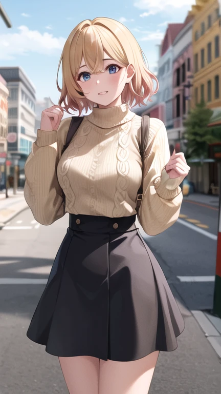 masterpiece, best quality, highres, nm1, sweater, high-waist skirt, cowboy shot, standing, street