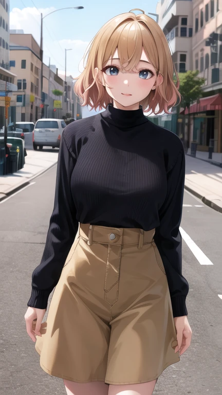 masterpiece, best quality, highres, nm1, sweater, high-waist skirt, cowboy shot, standing, street