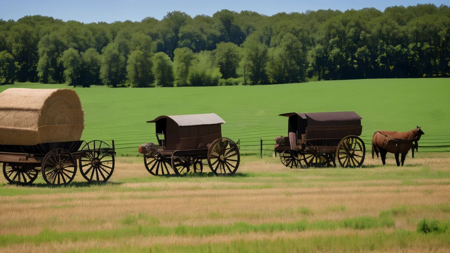 An American country scene with a wagon and stagecoach carriage next to a wagon wheel leaning against a fence. Guitars, banjos and a piano decorate the stage, while kerosene lanterns and hay bales complete the decor. Cattle in the background, grazing in a field, adds a touch of life and authenticity to the environment."