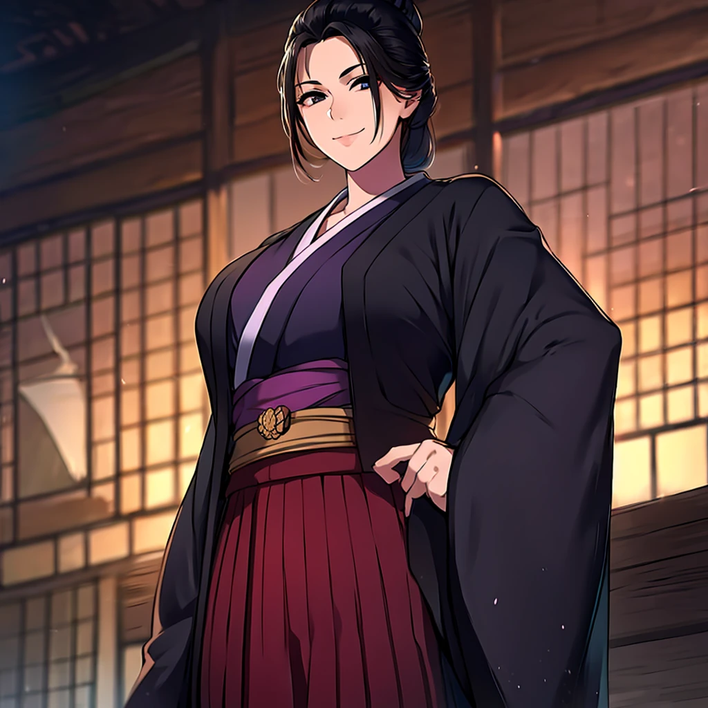 A woman wearing a black kimono with burgundy details, straight black hair, tied up hair, perfect face, perfect eyes, perfect hair, smiling, big breasts, black eyes, outside a Japanese castle, large Japanese castle, Japanese aesthetics, posture standing, daytime place.UHD , prime work , accurate , anatomically correct , textured skin , super details , high quality , best quality, 8k, high resolution, bokeh effect. (woman solo), close view
