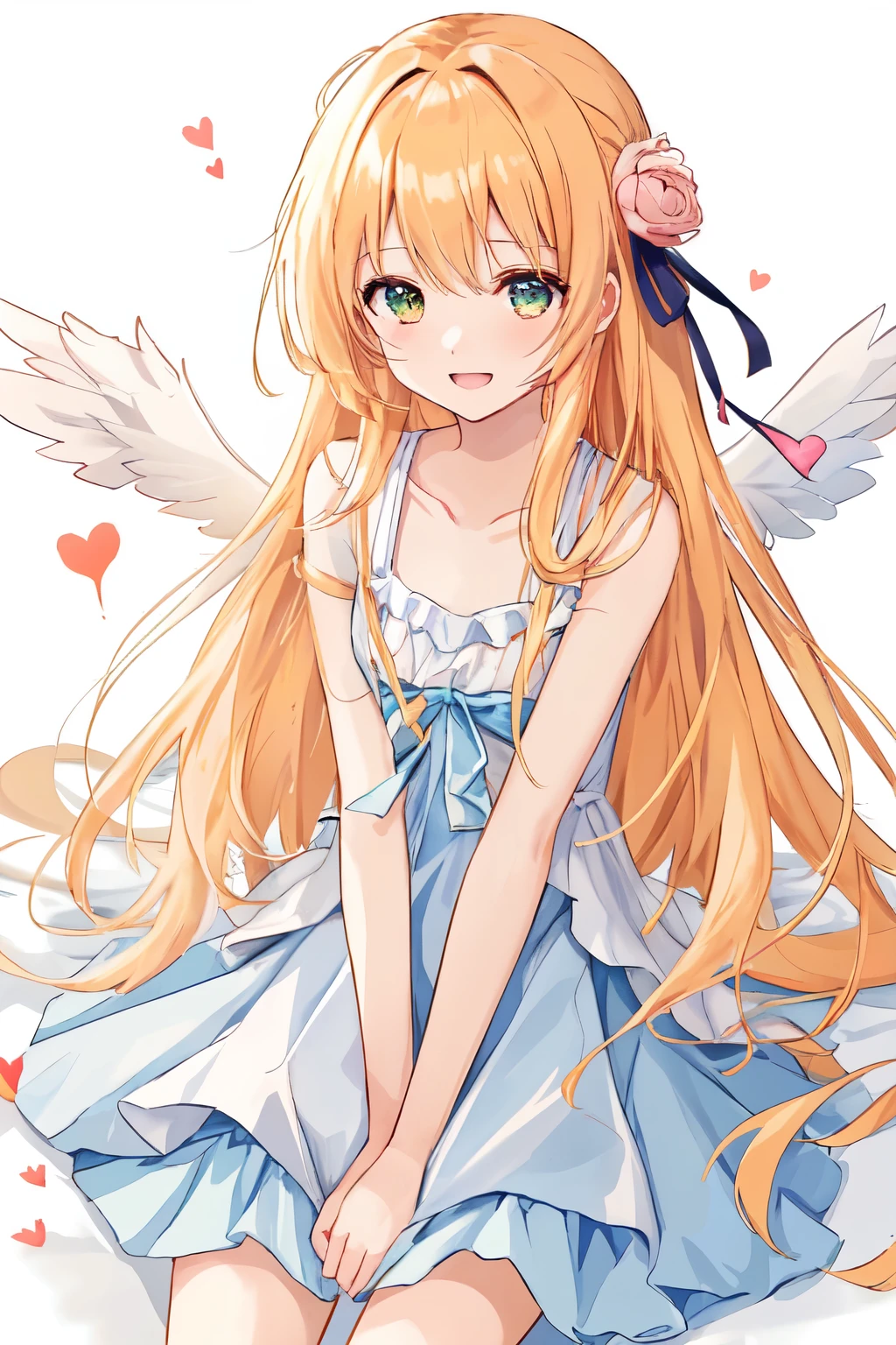 1_girl, (anime, kawai:2), (masterpeice, best_quality, clean:1.5), (sky_background:1.2), (cute, cute_smile, wholesome, young:1.8), (delicate, extremely_delicate, beautiful, thin:1.5), (girlfriend, angel:1.8), (green_eyes, simple_eyes:1.8) (long_hair, blond_hair, wearing_pink_dress, pink_angel_wings:1.5), (combat:1.2), extremely_delicate, (love_magic:1.5), (age_size_fits_body), (small_thighs:1.3), (breasts), (eye_level:1.3), (heart_magic, love:1.5), (folded_legs:1.5)