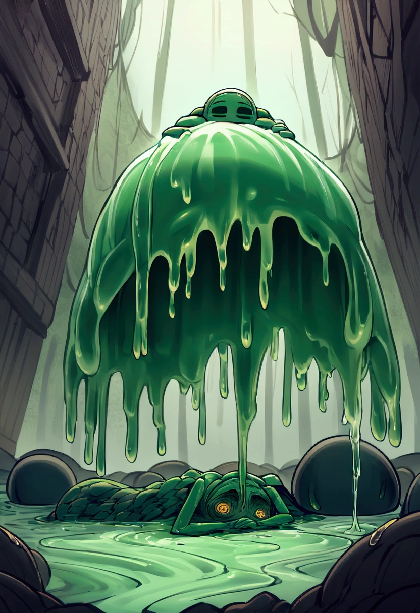 Humanoid figure with no recognizable gender, melting, green slime dripping from the body, body is deformed, face disfigured, eyes are filled with white mist, legs have collapsed into a pile of slime, arms are long and thin and slowly turning into slime, helpless expression, horror, creepy, threatening, ugly
