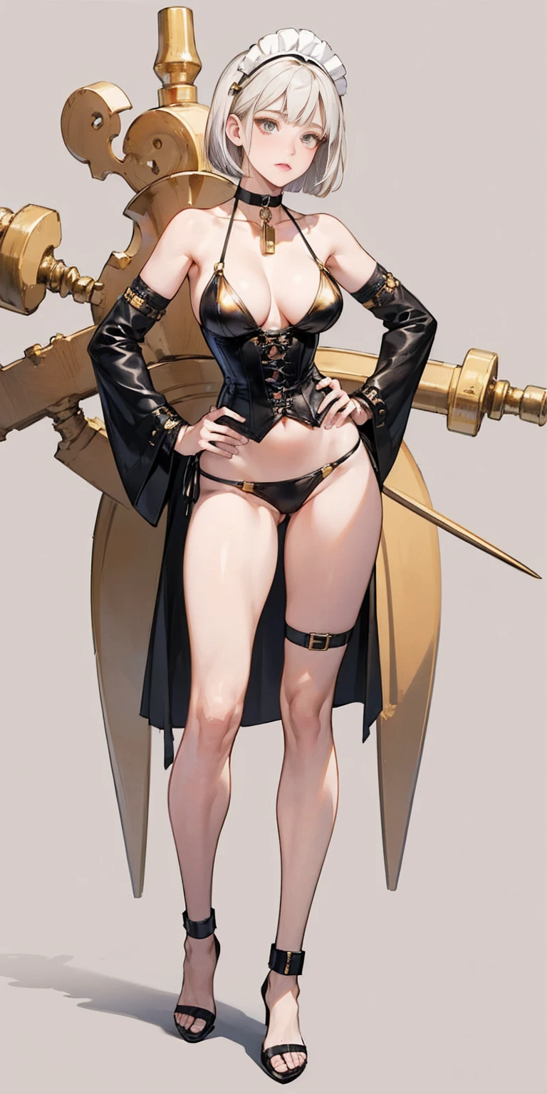 (Masterpiece, plain background:1.2) white short bob hair and skin, white eyes, thin legs, thin body, leather corset and leather collar choker with golden neck bell, shackles wristbands bracers bracelets sleeves, whitish micro bikini 👙 maid, 1MILFWOMAN BIMBO full body standing symmetrical with both hands on hips, wide hips, view from below