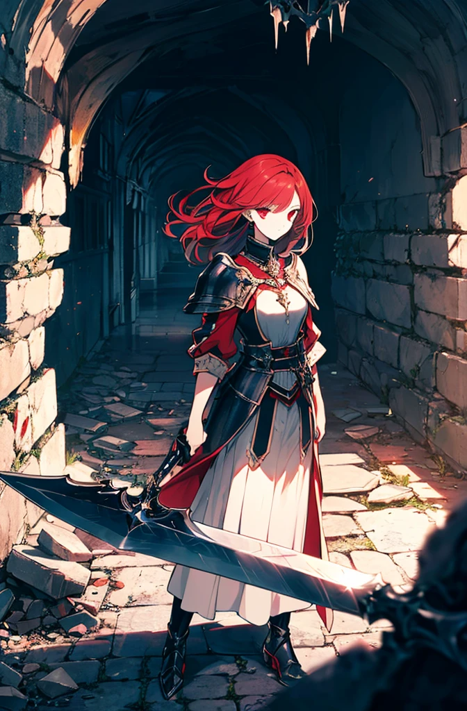 4k,hight resolution,One Woman,Bright red hair,Longhaire,red eyes,knights,white sacred armor,jewel decorations,Big sword,medieval town,furious,((dark cave,ruin place)),((near the crystale)),