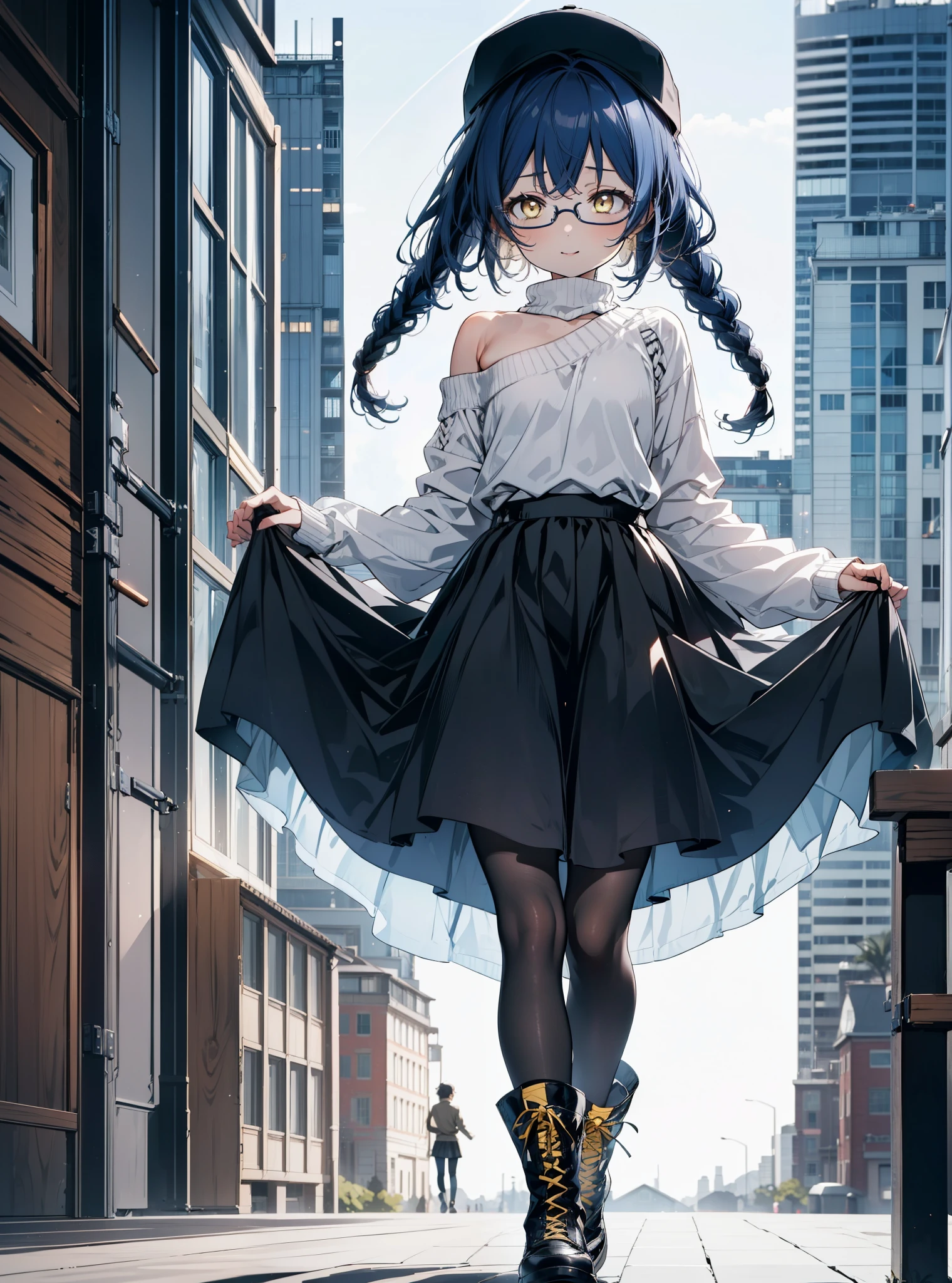 you like it, Umi Sonoda, Long Hair, Blue Hair, (Yellow Eyes:1.5) (Flat Chest:1.2),Blue one-shoulder sweater,Long skirt,Black Pantyhose,short boots,Baseball cap,Black-rimmed glasses,Long braids,smile,walk,morning,morning陽,The rising sun,On the way to school,whole bodyがイラストに入るように,
break looking at viewer,whole body,
break outdoors, station,
break (masterpiece:1.2), Highest quality, High resolution, unity 8k wallpaper, (shape:0.8), (Beautiful attention to detail:1.6), Highly detailed face, Perfect lighting, Extremely detailed CG, (Perfect hands, Perfect Anatomy),