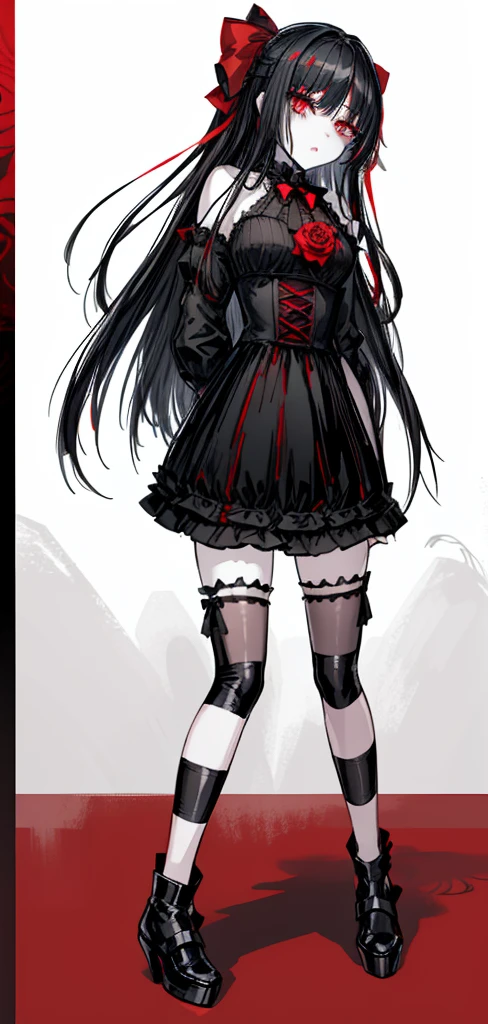 1girl, black hair, (red eye) ,red rose, Red bow,  black noble dress ,pale skin,
(high resolution, high detail, best quality), mysterious, elegant, shy