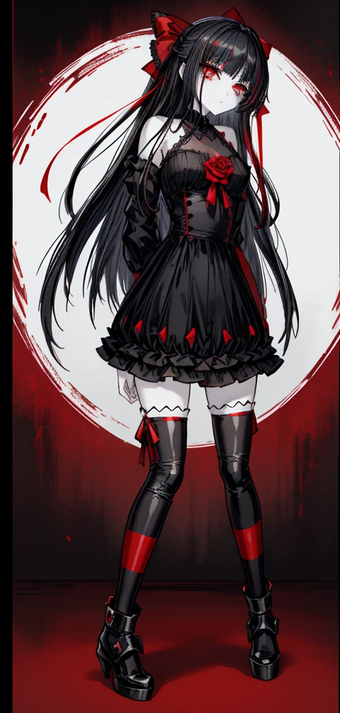 1girl, black hair, (red eye) ,red rose, Red bow, black noble dress ,pale skin,
(high resolution, high detail, best quality), mysterious, elegant, shy