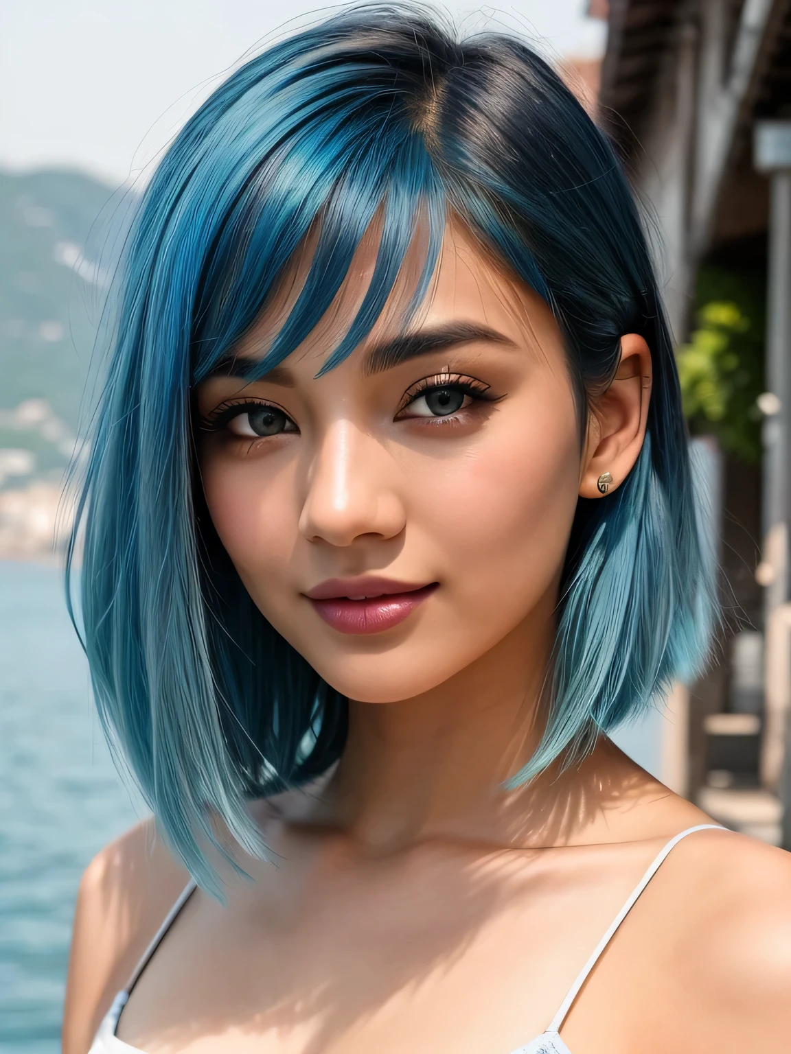 (blue hair:1.4), short hair, realistic green eyes, cobalt hair, long bob hair, tousled hair, shoulder length hair, Full body, woman with white skin and Asian features, 24 year old, big breast. She has a small, elegant nose with a slight upward curve at the tip. Her lips are full and naturally pink, with a well-defined Cupid's bow. Her teeth are straight and white, enhancing her captivating smile. Her face has an oval shape with high cheekbones that add to her model-like appearance. (crack), detailed (texture!, shine, color!!, flaws: 1.1), highly detailed glowing eyes, (looking at camera), specular light, dslr, extreme quality, crystal clear, cute face, detailed skin pores, oil Dark skin, brown, complex eye details, she is far from the camera, A full-body portrait, captured from a distance. Dynamic Frame, 8K, beautiful, realistic, (scenic view from Europe:1.3), looking at viewer, full body shot , ruby floral print, micro mini dress, bare shoulders,strapless, long sleeves, (short hair:1.3)
