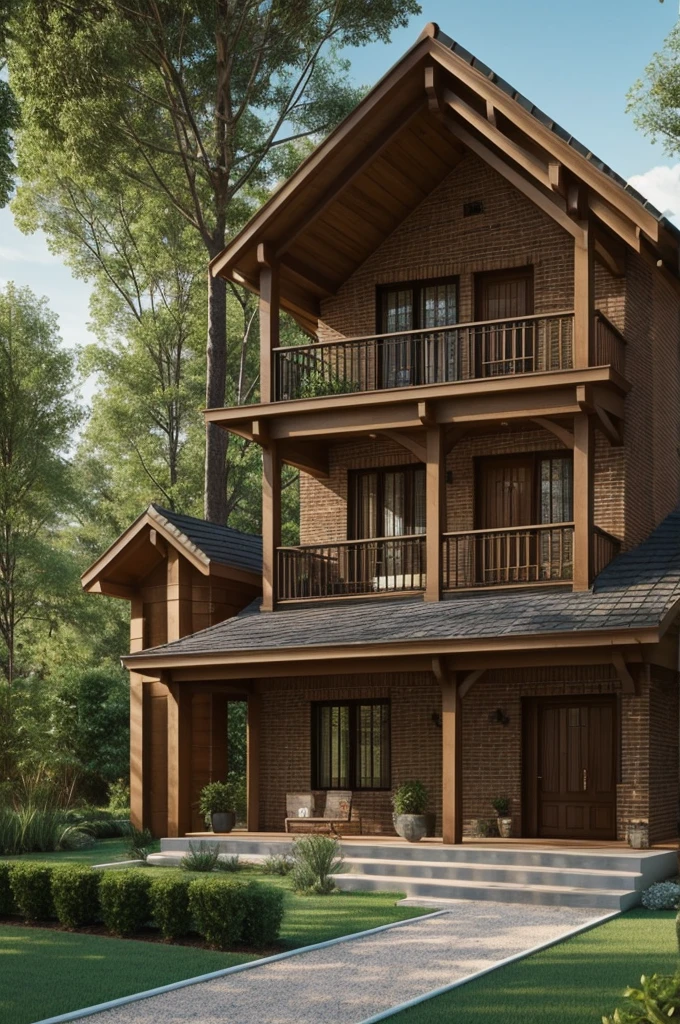 A house, with brick exterior, chalet style, single storey and a lot of garden, gallery with pillars in the shape of the letter U