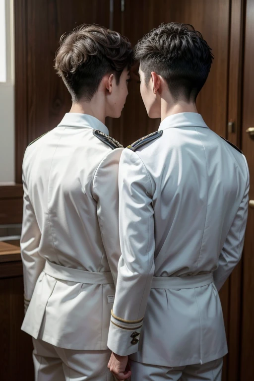 Two boys with their backs to each other in uniform (detailded)