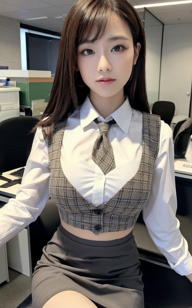 ((Best quality, 8k, Masterpiece :1.3)), Whole body:1.3, Sharp focus :1.2, A pretty lady with perfect figure :1.4, Slender abs :1.2, ((Dark brown hair, Big breasts :1.2)), Highly detailed face and skin, Detailed eyes, Double eyelid, ((wearing plaid vest, Office Wear, white shirt, grey skirt)), exposed cleavage, (Black Pantyhose), Interior Scene, Office