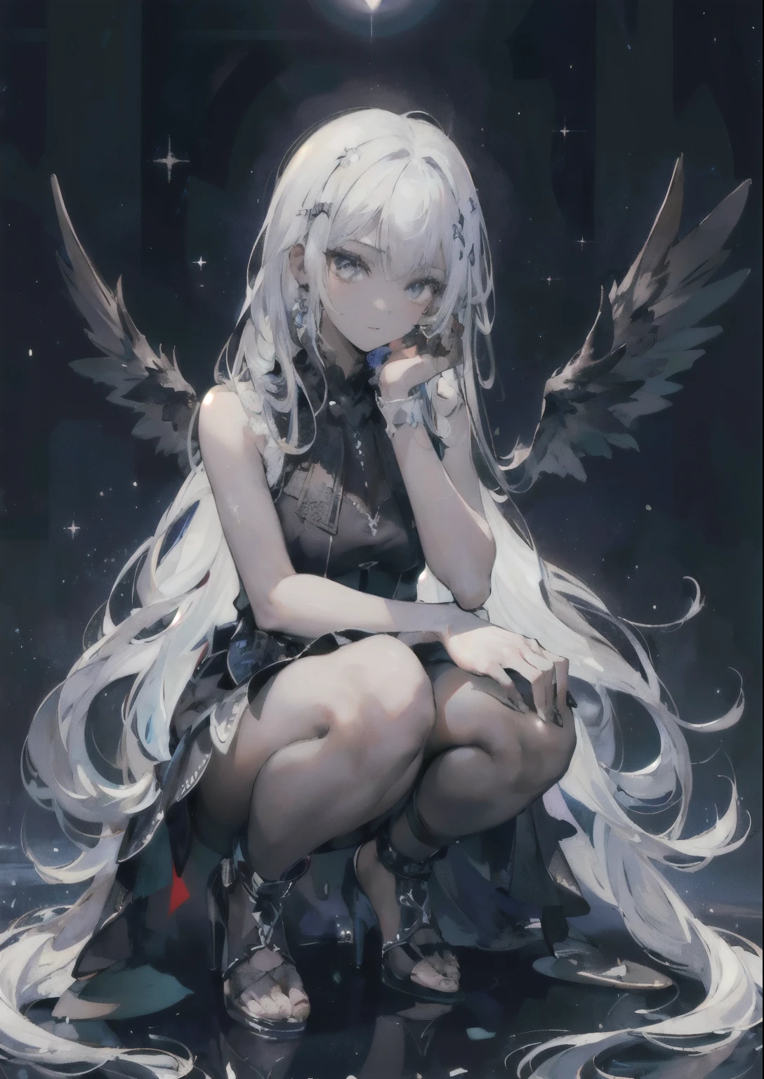 ((Highest quality)), ((masterpiece)), (detailed), One girl,Silver Hair,Long Hair，Dark Skin,Wearing a black sleeveless dress，Wear black high heels，Squatting pose on top of the tower,Starry Sky，cloud，Girl with wings，Look away,Full moon night