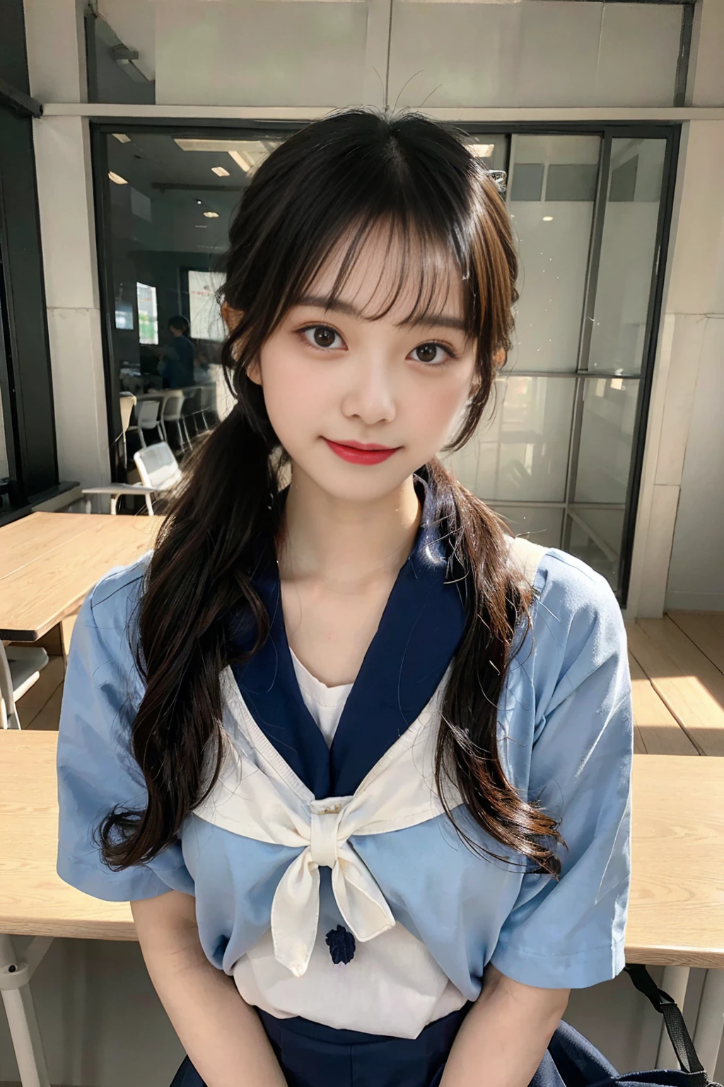 Create an image of a cute Japanese woman with a seductive smile wearing a traditional school uniform。She is wearing a traditional Japanese school uniform consisting of a sailor top and pleated skirt.、like々It emphasizes the beauty and charm of。The hair is neatly styled、Should I wear a ponytail?、It is lowered with a natural shine.。The background is a softly blurred classroom、The warm lighting really brings out her features.。The makeup is subtle but perfect、Particular emphasis is placed on the eyes and lips to bring out her charm.。Confident、She has a slightly playful look on her face.、It exudes charm and vibrancy。It fits her body perfectly、While still maintaining a classic and attractive schoolgirl look.、Make sure it complements her style。