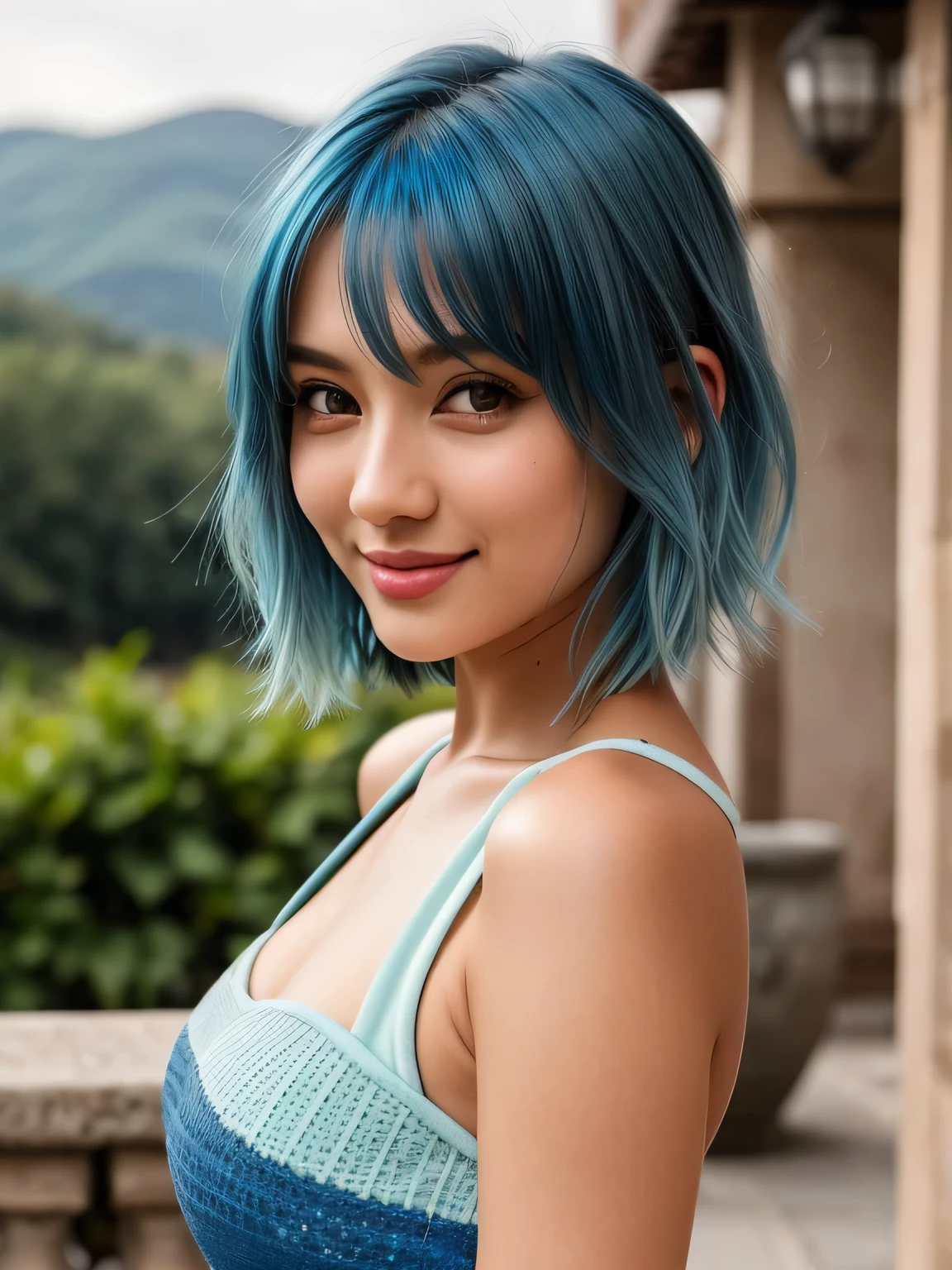 (blue hair:1.4), short hair, realistic green eyes, cobalt hair, long bob hair, tousled hair, shoulder length hair, Full body, woman with white skin and Asian features, 24 year old, big breast. She has a small, elegant nose with a slight upward curve at the tip. Her lips are full and naturally pink, with a well-defined Cupid's bow. Her teeth are straight and white, enhancing her captivating smile. Her face has an oval shape with high cheekbones that add to her model-like appearance. (crack), detailed (texture!, shine, color!!, flaws: 1.1), highly detailed glowing eyes, (looking at camera), specular light, dslr, extreme quality, crystal clear, cute face, detailed skin pores, oil Dark skin, brown, complex eye details, she is far from the camera, A full-body portrait, captured from a distance. Dynamic Frame, 8K, beautiful, realistic, (scenic view from Europe:1.3), looking at viewer, full body shot , ruby floral print, micro mini dress, bare shoulders,strapless, long sleeves, (short hair:1.3)