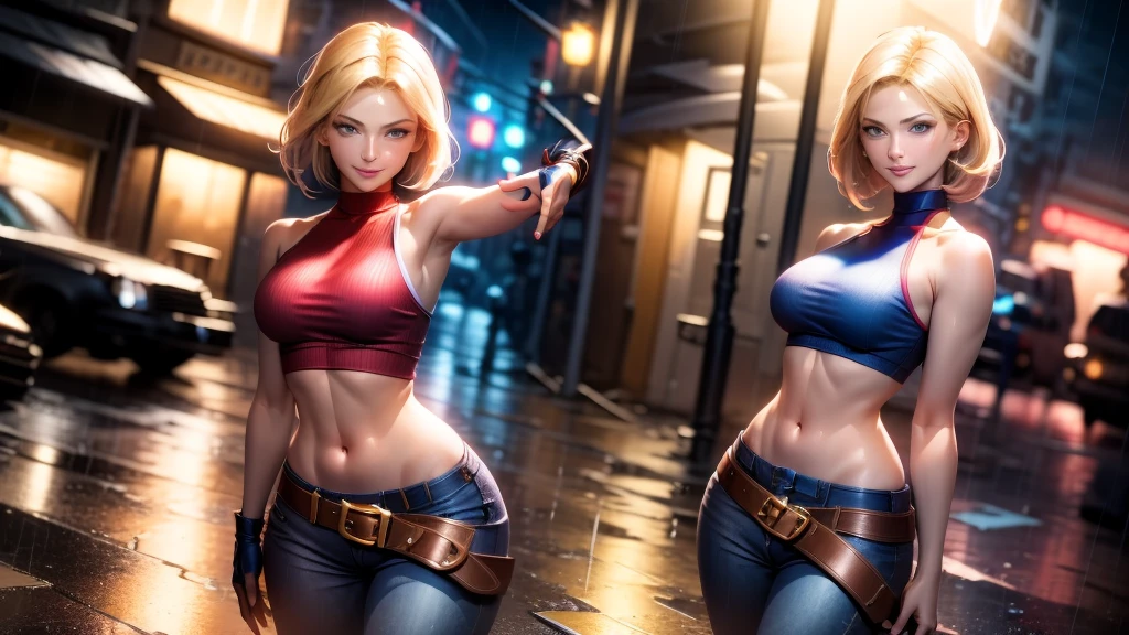 (at night), in a video game scene, a background of a beautiful city at night, raining, alone, standing at attention, red top, blue joggers, blue fingerless gloves, large brown belt hanging from her waist (( blonde hair)), 1 girl, 20 years old, young woman, perfect hands, beautiful fingers, beautiful long legs, beautiful body, beautiful nose, beautiful character design, perfect face, looking at the viewer with serious gesture (focusing on her face), closed mouth, Light_Smile, official art, extremely detailed CG unity 8k wallpaper, perfect lighting, bright and colorful front lighting, glowing skin (masterpiece: 1.0), (best_quality: 1.0), ultra high resolution, 4K, ultra detailed photography, 8K, HDR, high resolution, absurdities:1.2, Kodak portra 400, film grain, blurred background, bokeh:1.2, lens flare, (vibrant_color:1.2), professional photography, (Beautiful, breasts: 1.4) , (beautiful_face: 1.5), (narrow waist),