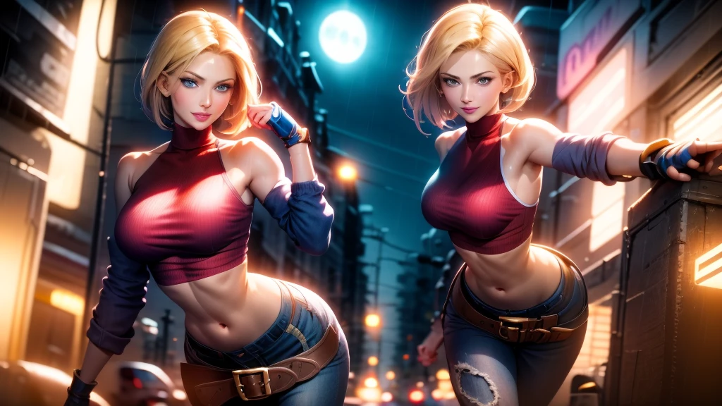 (at night), in a video game scene, a background of a beautiful city at night, raining, alone, standing at attention, red top, blue joggers, blue fingerless gloves, large brown belt hanging from her waist (( blonde hair)), 1 girl, 20 years old, young woman, perfect hands, beautiful fingers, beautiful long legs, beautiful body, beautiful nose, beautiful character design, perfect face, looking at the viewer with serious gesture (focusing on her face), closed mouth, Light_Smile, official art, extremely detailed CG unity 8k wallpaper, perfect lighting, bright and colorful front lighting, glowing skin (masterpiece: 1.0), (best_quality: 1.0), ultra high resolution, 4K, ultra detailed photography, 8K, HDR, high resolution, absurdities:1.2, Kodak portra 400, film grain, blurred background, bokeh:1.2, lens flare, (vibrant_color:1.2), professional photography, (Beautiful, breasts: 1.4) , (beautiful_face: 1.5), (narrow waist),
