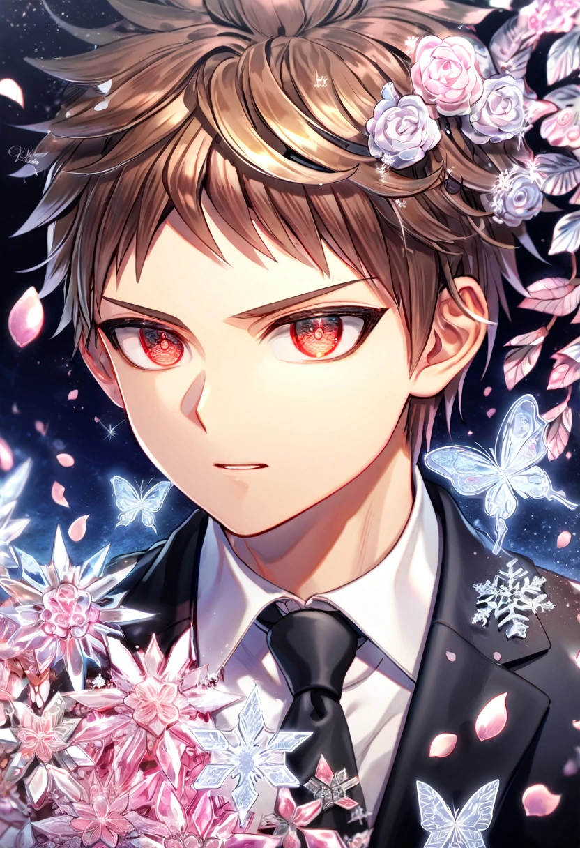 Ultra detailed, HDR, Highres, absurdres, master piece, Hinata Hajime, brown hair, expressive red eyes, black jacket, white shirt, black necktie, Danganronpa, handsome, ice glittering butterflies, ice, petals, ice pink glass flowers, glittering, fantasy, magical, snowflakes, cold, solo, sexy man