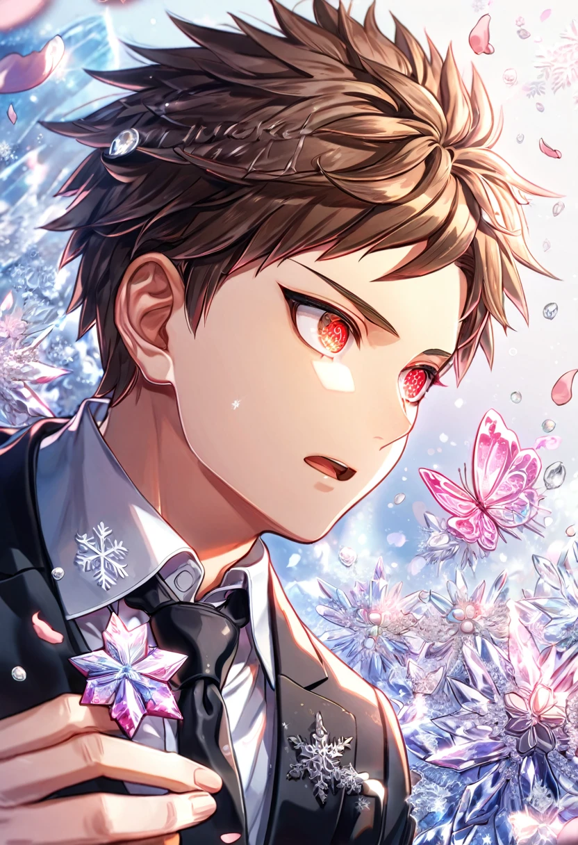 Ultra detailed, HDR, Highres, absurdres, master piece, Hinata Hajime, brown hair, expressive red eyes, black jacket, white shirt, black necktie, Danganronpa, handsome, ice glittering butterflies, ice, petals, ice pink glass flowers, glittering, fantasy, magical, snowflakes, cold, solo, sexy man