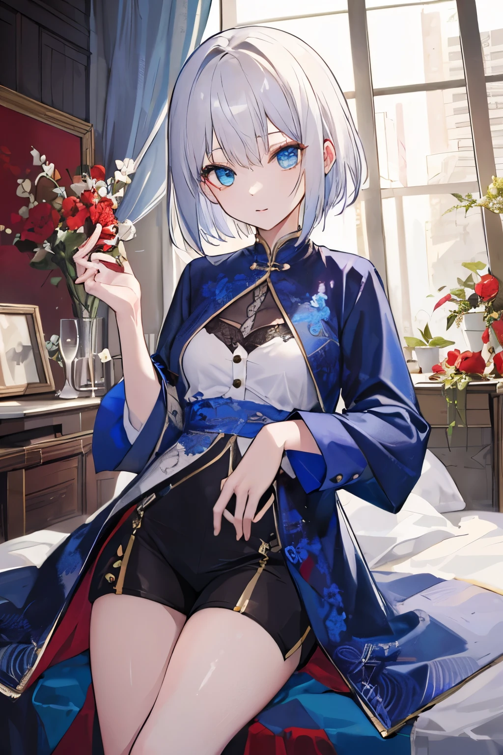 ((best quality)), ((masterpiece)), (detailed), 1 Girl, White short hair，Blue Zhongshan suit，front