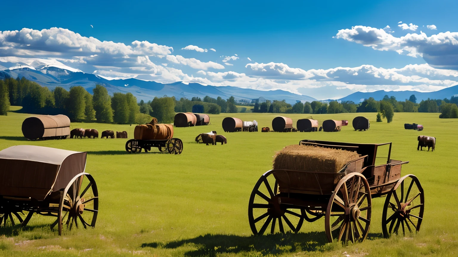An American country scene with a wagon and stagecoach carriage next to a wagon wheel leaning against a fence. Guitars, banjos and a piano decorate the stage, while kerosene lanterns and hay bales complete the decor. Cattle in the background, grazing in a field, adds a touch of life and authenticity to the environment."