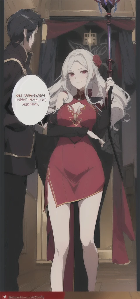 a cartoon picture of a woman in a red dress and a man in a black suit, half invoker half megumin, anya from spy x family, she is holding a long staff, edelgard fire emblem, succubus in tight short dress, flirty anime witch casting magic,  in dress, from league of legends, seductive anime girl