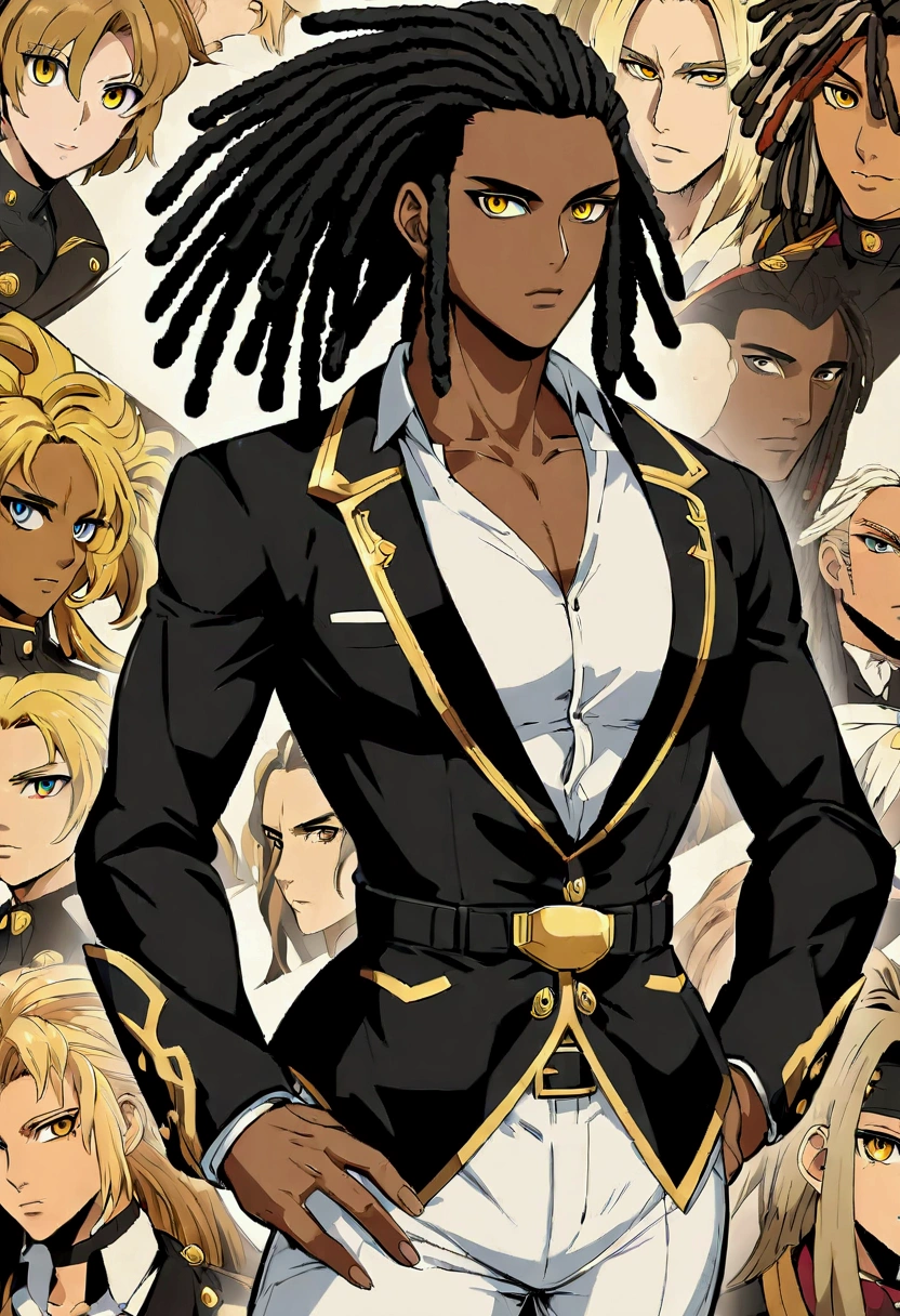 Dark-skinned young man, yellow eyes and black jacket, Dreadlocks azul claro, estilo de cabelo dreadlock, not anime style, colourful drawing, unrealistic character concept, Portrait of my character concept, detailed portrait of the character, anime style character, anime style portrait, a character portrait, cel - shaded art style, His outfit consists of a black, unbuttoned blazer with gold buttons on the front of the blazer and at the bottom of the sleeves and he wears a white V-neck shirt, White pants, a large black belt with a gold buckle, a smaller black belt hanging from the side of the hip, and is wearing beige shoes with black buckles, inspirado por King of Fighter