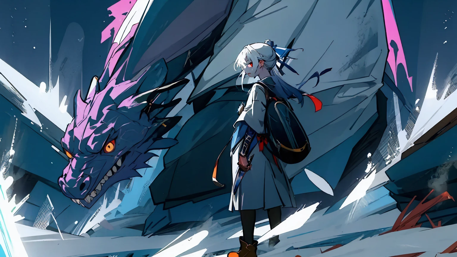 a young girl in front of a monster