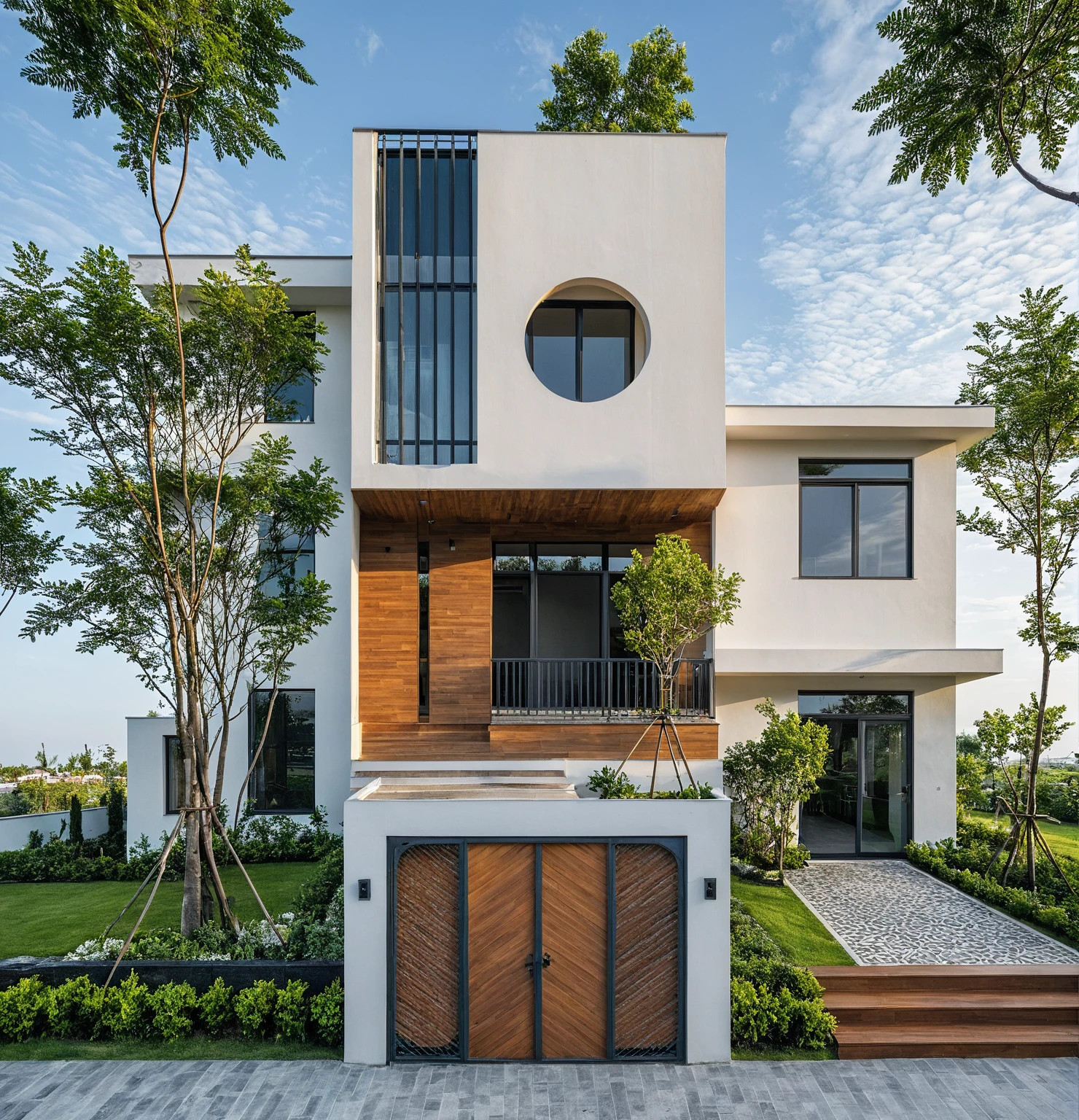 Masterpiece, high quality, best quality, authentic, super detailed, outdoor, aiaigroup, modern townhouse style, stairs, white wall combined with wood, wind encaustic tiles, iron gate, conwood ceiling, flowers, path, summer evening, grass, trees, sky, clouds, (daylight: 1.1)