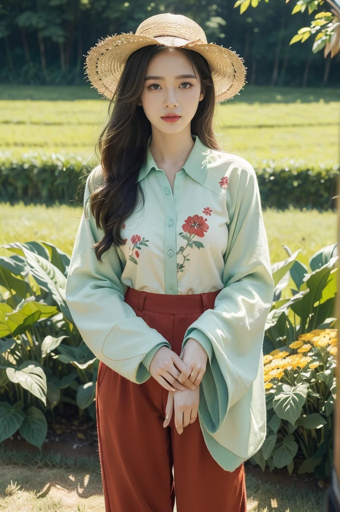 (((best quality))),(((ultra detailed))),(((masterpiece))),illustration,1girl, standing,corn plants field, summer, (vibrant red floral collared sleeved shirt:1.3), (green pants:1.3), casual elegance, straw hat, hair flowing, gentle waves, face partially hidden, eyes scanning, contentment, heat, cool composed, cornfield stretching, green leaves undulating, sun rays, soil steaming, weight of heat, resilience, love for nature,blue sky, white clouds, drama, lazy river, meandering, vibrant hues, birds soaring, tweets echoing, summer's day, beauty of nature, spirit of girl, at one with surroundings,memory cherished, revisited