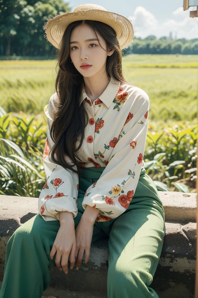 (((best quality))),(((ultra detailed))),(((masterpiece))),illustration,1girl, standing,corn plants field, summer, (vibrant red floral collared sleeved shirt:1.3), (green pants:1.3), casual elegance, straw hat, hair flowing, gentle waves, face partially hidden, eyes scanning, contentment, heat, cool composed, cornfield stretching, green leaves undulating, sun rays, soil steaming, weight of heat, resilience, love for nature,blue sky, white clouds, drama, lazy river, meandering, vibrant hues, birds soaring, tweets echoing, summer's day, beauty of nature, spirit of girl, at one with surroundings,memory cherished, revisited