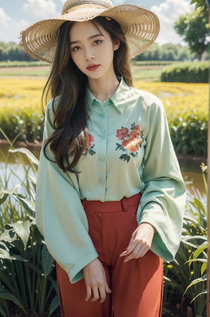 (((best quality))),(((ultra detailed))),(((masterpiece))),illustration,1girl, standing,corn plants field, summer, (vibrant red floral collared sleeved shirt:1.3), (green pants:1.3), casual elegance, straw hat, hair flowing, gentle waves, face partially hidden, eyes scanning, contentment, heat, cool composed, cornfield stretching, green leaves undulating, sun rays, soil steaming, weight of heat, resilience, love for nature,blue sky, white clouds, drama, lazy river, meandering, vibrant hues, birds soaring, tweets echoing, summer's day, beauty of nature, spirit of girl, at one with surroundings,memory cherished, revisited