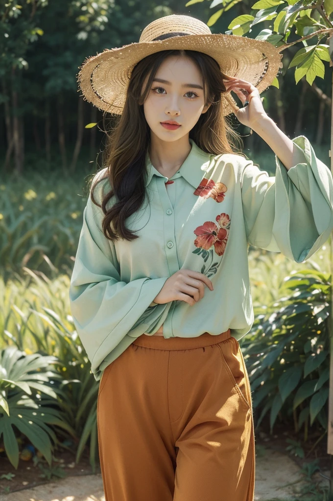 (((best quality))),(((ultra detailed))),(((masterpiece))),illustration,1girl, standing,corn plants field, summer, (vibrant red floral collared sleeved shirt:1.3), (green pants:1.3), casual elegance, straw hat, hair flowing, gentle waves, face partially hidden, eyes scanning, contentment, heat, cool composed, cornfield stretching, green leaves undulating, sun rays, soil steaming, weight of heat, resilience, love for nature,blue sky, white clouds, drama, lazy river, meandering, vibrant hues, birds soaring, tweets echoing, summer's day, beauty of nature, spirit of girl, at one with surroundings,memory cherished, revisited
