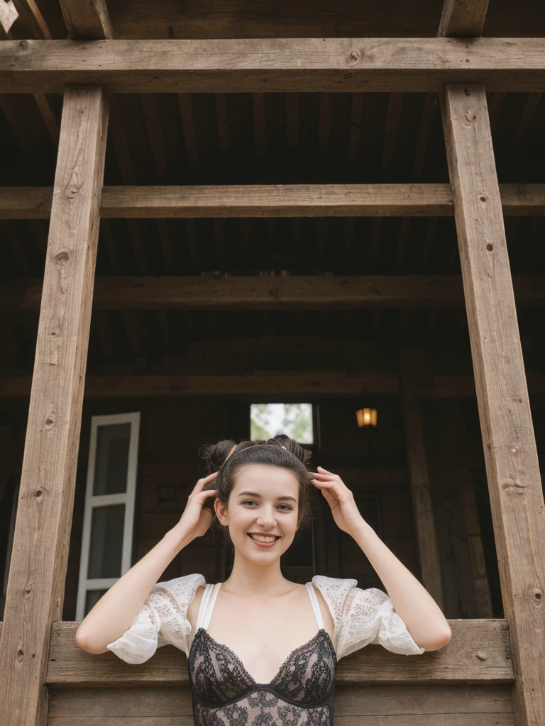 her name is Amelie, high quality, 1girl, ((25-year-old fit Caucasian woman)), ((25 years old)), ((BODY TYPE: HOURGLASS)), ((Space Buns HAIR)), SMILING, pose: SEXY POSE, wearing SEXY LINGERIE VARIETY colored, BACKGROUND:"A half-timbered house with a cozy and rustic interior, featuring exposed wooden beams and views of the charming streets."