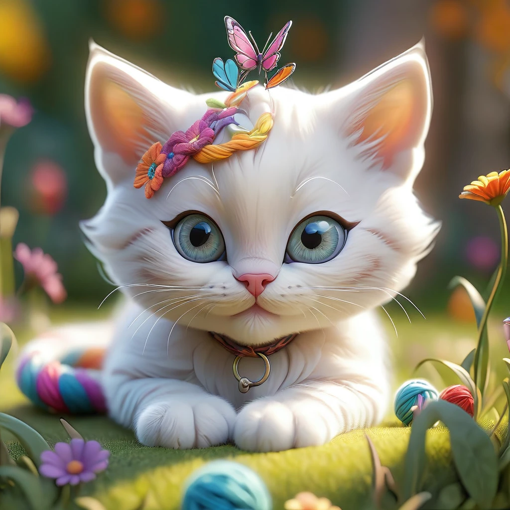 A white kitten, tangled with colorful ball of yarn, on the sunny park lawn, foliage, flowers and butterflies (Masterpiece artwork: 2.1) (realisitic: 1.2) (bokeh) (best qualityer) (skin detailed: 1.3) (details Intricate) (8k) (Detail eyes) (sharp focus) 2.1