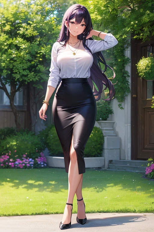 ((masterpiece, best quality, ultra-detailed)), 1girl, beautiful business woman walking through a summer garden, smiling, wearing pink blouse, bracelet, necklace, black midi pencil skirt, long tight skirt, black business skirt, heels, full body, wavy purple hair