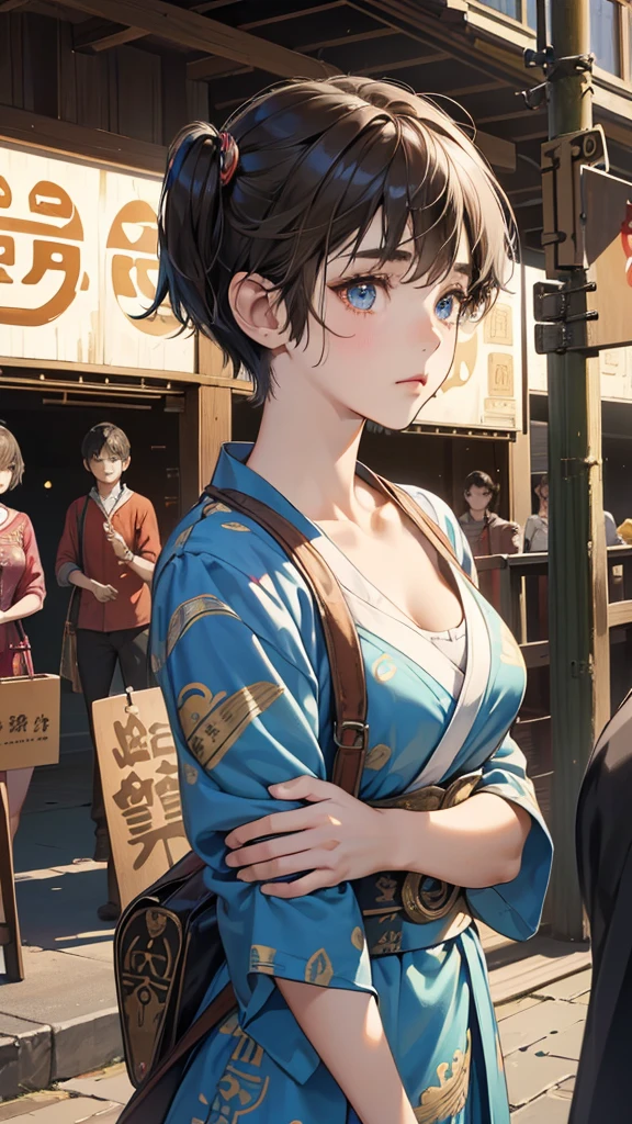 (perfect anatomy:1.2)(absurdres, highres, ultra detailed),masterpiece,best quality,high resolution,8k,Realistic face,Realistic skin texture,magnified textures, stunning clarity,detailed anime girl,(ultra detailed eyes and face),(14 years old:1.2),(baby face:1.2),japanese girl,floral printed blue yukata,、(very short hair:1.5)(two side up:1.6)、tareme,light brown hair:1.2,kanzashi、glamor、short stature、(bust up:1.4),Steampunk in the Edo Period、(Vivid hieroglyph signs and street advertisements:1.2)、,autumn、hieroglyph,souk、Shopping Street、Ancient Egyptian statues,reaching out,(tanned skin:1.3 ),big breasts,look up viewer,round face,Shoulder Bare,(from front:1.2),cleavage cutout,(Despairing:1.5)