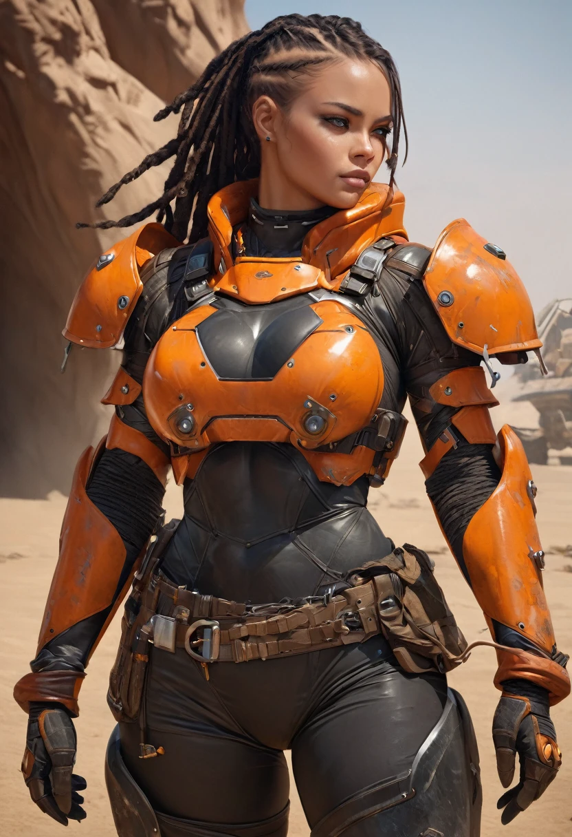 full body image, (best quality,4k,8k,highres,masterpiece:1.2), ultra-detailed, (realistic,photorealistic,photo-realistic:1.37),(Numerous award-winning masterpieces, incredibly detailed and textured, maximal resolution and clarity), (Hyper-realistic:1.4), (Realistic:1.3),
imagine a high tech barbarian combining futuristic heavy orange power armor with primitive barbaric furs and loin cloth, her outer armor is a bold orange while her inner layers are a dark green. under the armor a layer covers her upper body and arms. The power armor has chipped pain and scratches from many battles, it has rivets and a very heavy looking chest plate, there are gauges and hoses on the chest plate. (visible wires connect the shoulder pads to the armored gloves:1.2), which has black fur trim. Her boots are thick leather covered in dust with black fur trim. She is a muscular black woman with her short hair pulled back in dreadlocks.