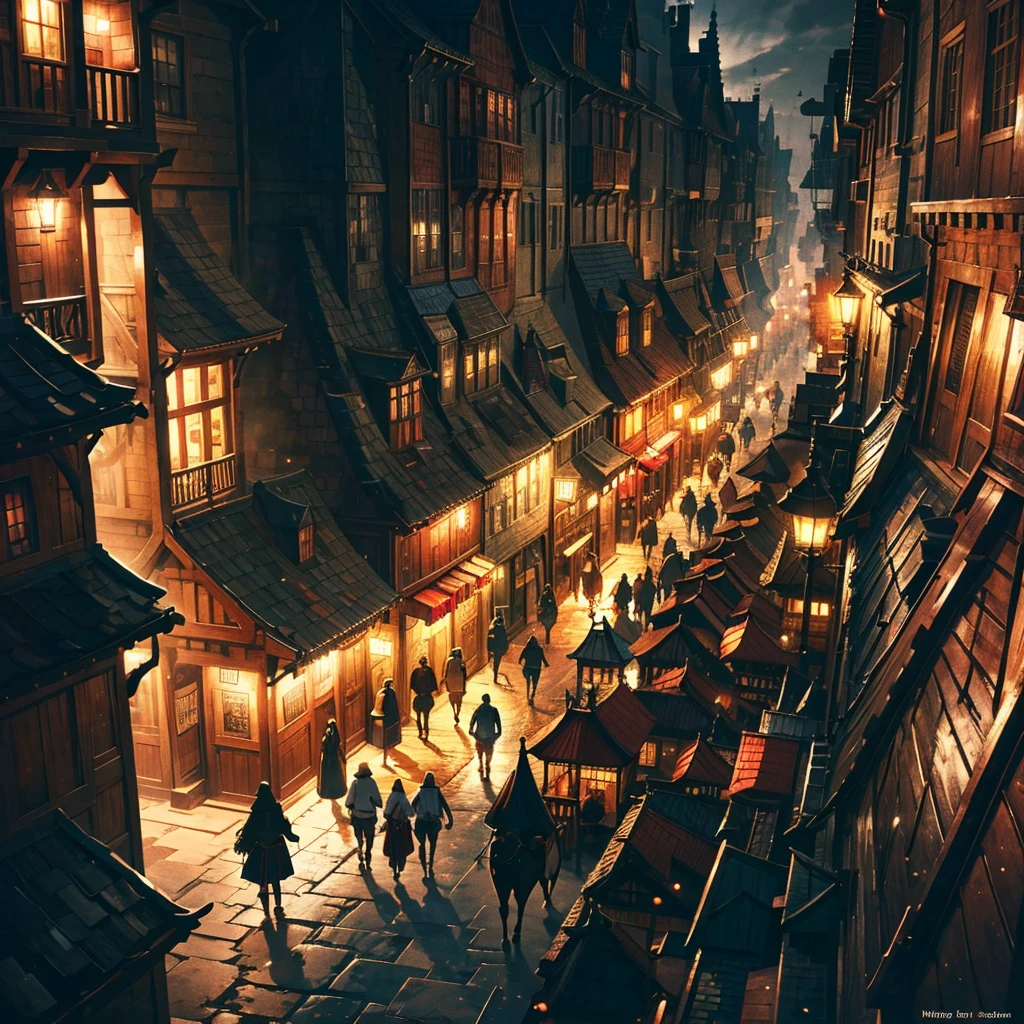 medieval fantasy capital's town streets, crowded, dark wood, red, White and black, all Time sets variety, and variety of details, anime Style ilustratión, Creative and original , high quality, realistic , detailed, perfect , 4k, Well steuctured
First person POV