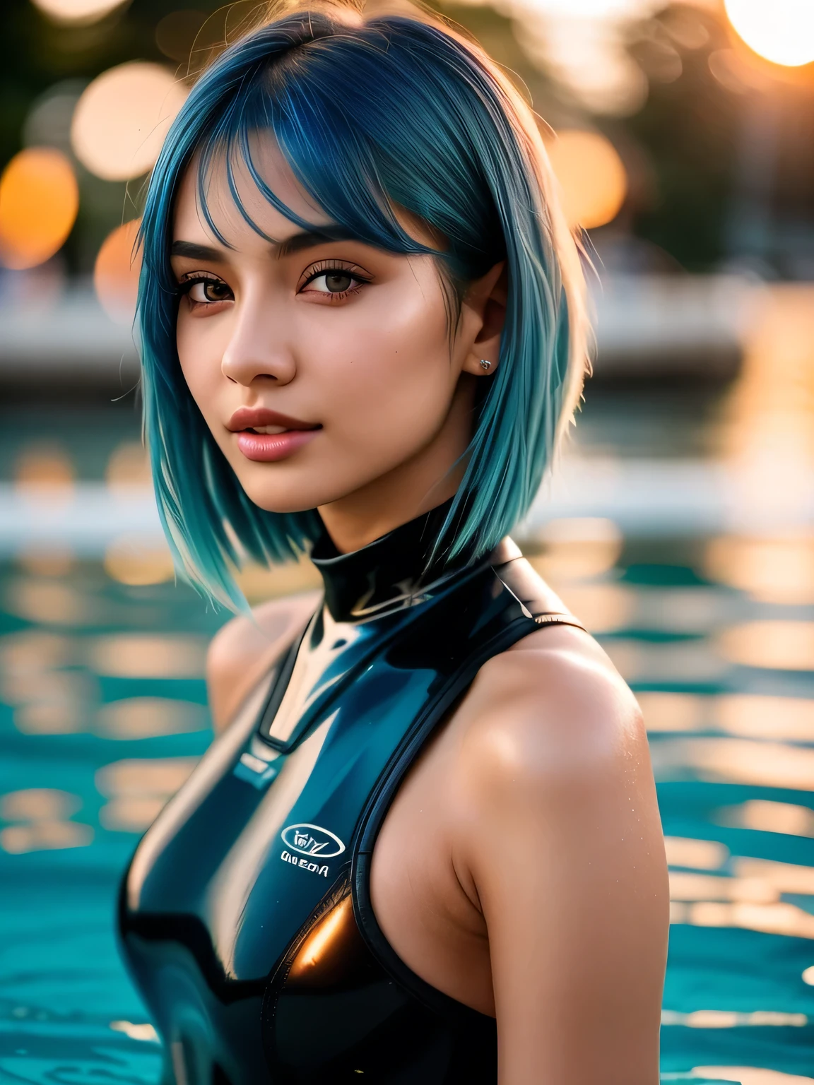 (blue hair:1.4), short hair, realistic green eyes, cobalt hair, long bob hair, tousled hair, shoulder length hair, Full body, woman with white skin and Asian features, 24 year old, big breast. She has a small, elegant nose with a slight upward curve at the tip. Her lips are full and naturally pink, with a well-defined Cupid's bow. Her teeth are straight and white, enhancing her captivating smile. Her face has an oval shape with high cheekbones that add to her model-like appearance. (crack), detailed (texture!, shine, color!!, flaws: 1.1), highly detailed glowing eyes, (looking at camera), specular light, dslr, extreme quality, crystal clear, cute face, detailed skin pores, oil Dark skin, brown, complex eye details, she is far from the camera, A full-body portrait, captured from a distance. Dynamic Frame, (masterpiece), (very complicated:1.3), (realistic), girl portrait, lying on her back floating on the surface of the water, (dynamic perspective), the most beautiful in the world, (swimming wetsuit), sateen reflection, outdoor, intense sunlight, distant factory group, Stunning female professional photo details, sharp focus, dramatic, Award history, cinematic lighting, Octane Rendering Unreal Engine, volumetrics dtx, (film grain, blurred background, blurred foreground, Bokeh, Depth of the bounds written, sunset, motion blur:1.3)
, (short hair:1.3)