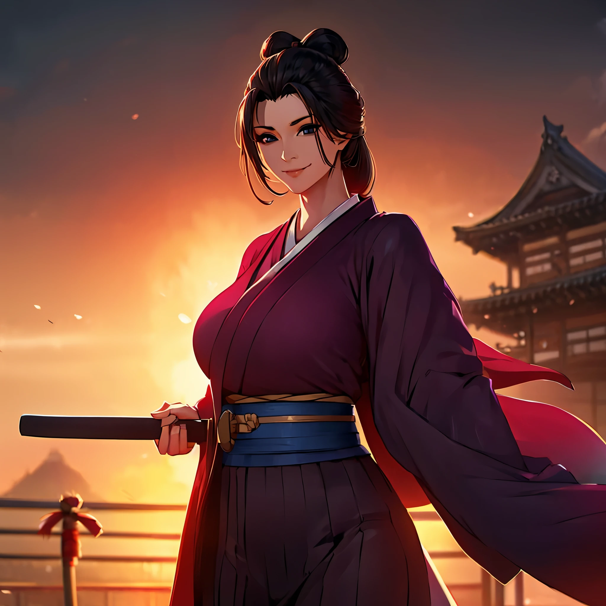 A woman wearing a black kimono with burgundy details, straight black hair, tied up hair, perfect face, perfect eyes, perfect hair, smiling, big breasts, black eyes, outside a Japanese castle, large Japanese castle, Japanese aesthetics, posture standing, daytime place.UHD , prime work , accurate , anatomically correct , textured skin , super details , high quality , best quality, 8k, high resolution, bokeh effect. (woman solo), close view
holding a katana without a sheath, with a red effect on the katana
