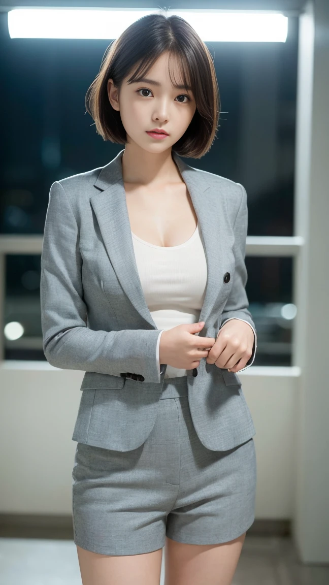 ((Highest quality, 8k, masterpiece: 1.3, RAW Photos)), Sharp focus: 1.2, (alone), (1. ASPA GIRL: 1.2), (Realistic, Realistic: 1.37), (Face Focus: 1.1), Cute Face, Small breasts, Flat Chest, Messy Short Hair, (business suit: 1.1), , Cinema Lighting, thigh, 