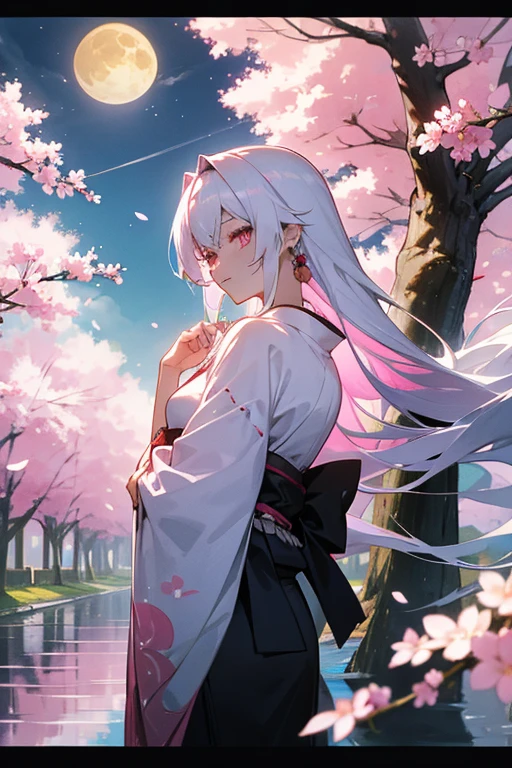 Beautiful woman in kimono,landscape,Cherry blossoms,Sunlight,warmth,Bright colors,Comfort
